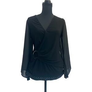 Joseph Ribkoff black faux wrap chiffon sleeve blouse rhinestone trim Sz 10